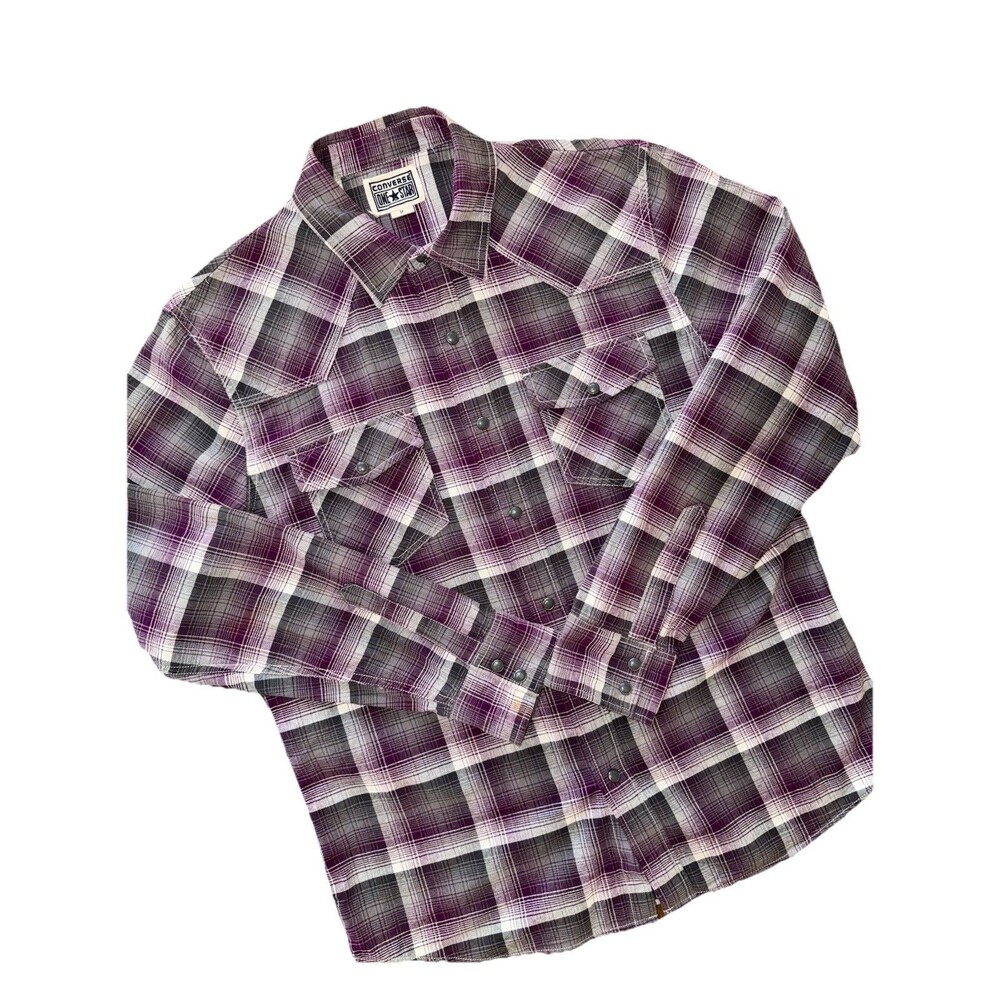 Converse One Star Men’s Plaid Western Snap Shirt Purple Gray Long Sleeve M